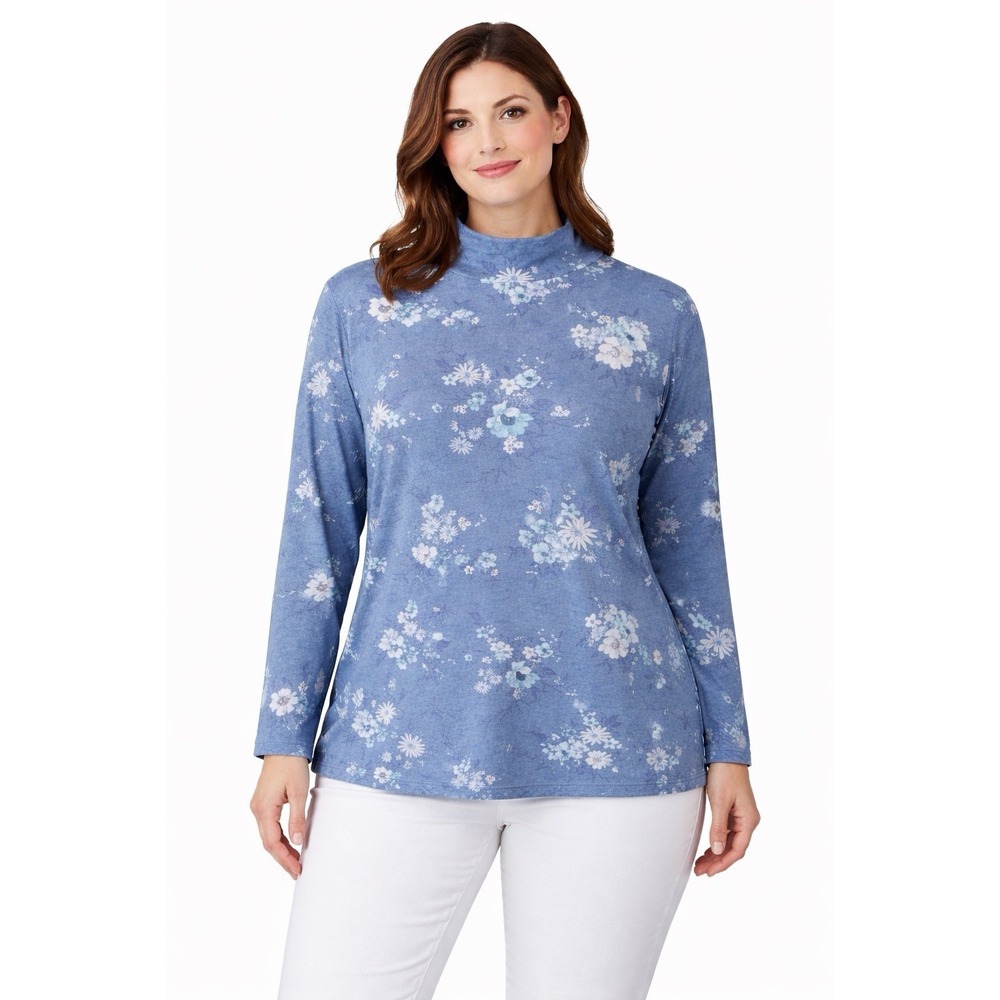 Croft & Barrow Women Size XL Blue Floral Mock‎ Neck Long Sleeve Cotton Pullover